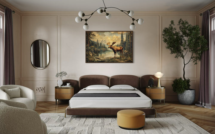 Moose in Mountain Wilderness Vintage Framed Canvas Wall Art in a bed room with a neatly made bed