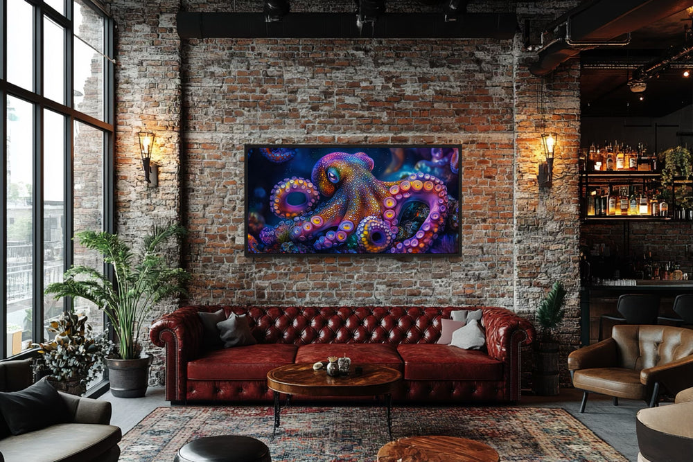 Trippy Octopus Framed Canvas Wall Art in man cave