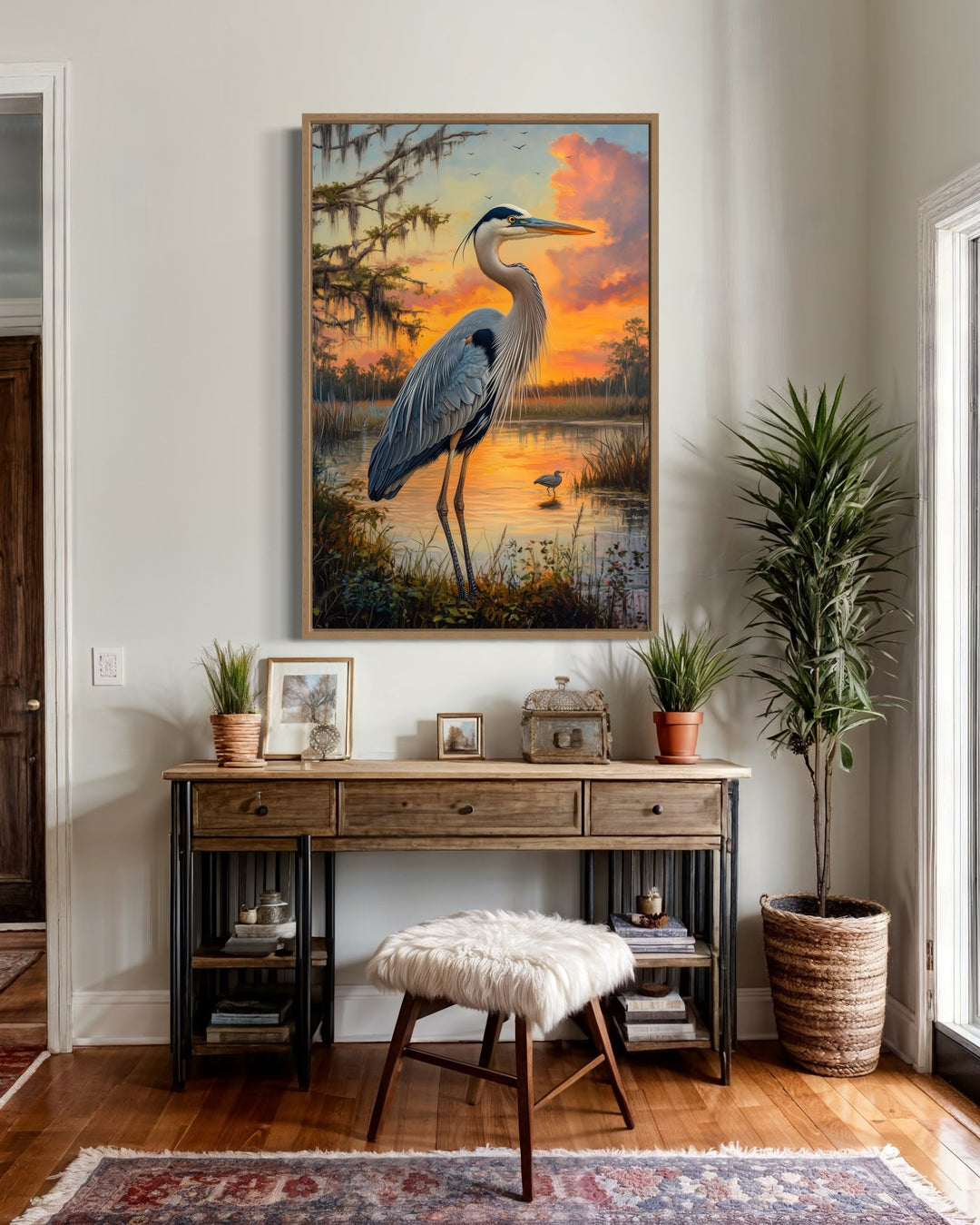 Blue Heron at Sunset Marshland Framed Canvas Wall Art above table