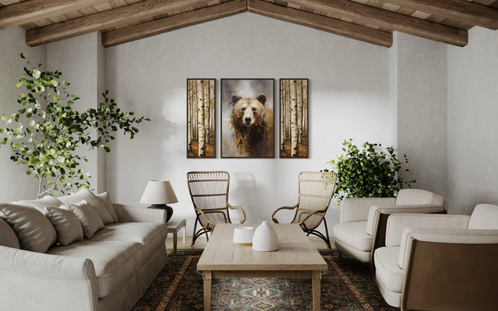 Set Of 3 Bear Flanked By Trees Framed Canvas Wall Art in rustic living room