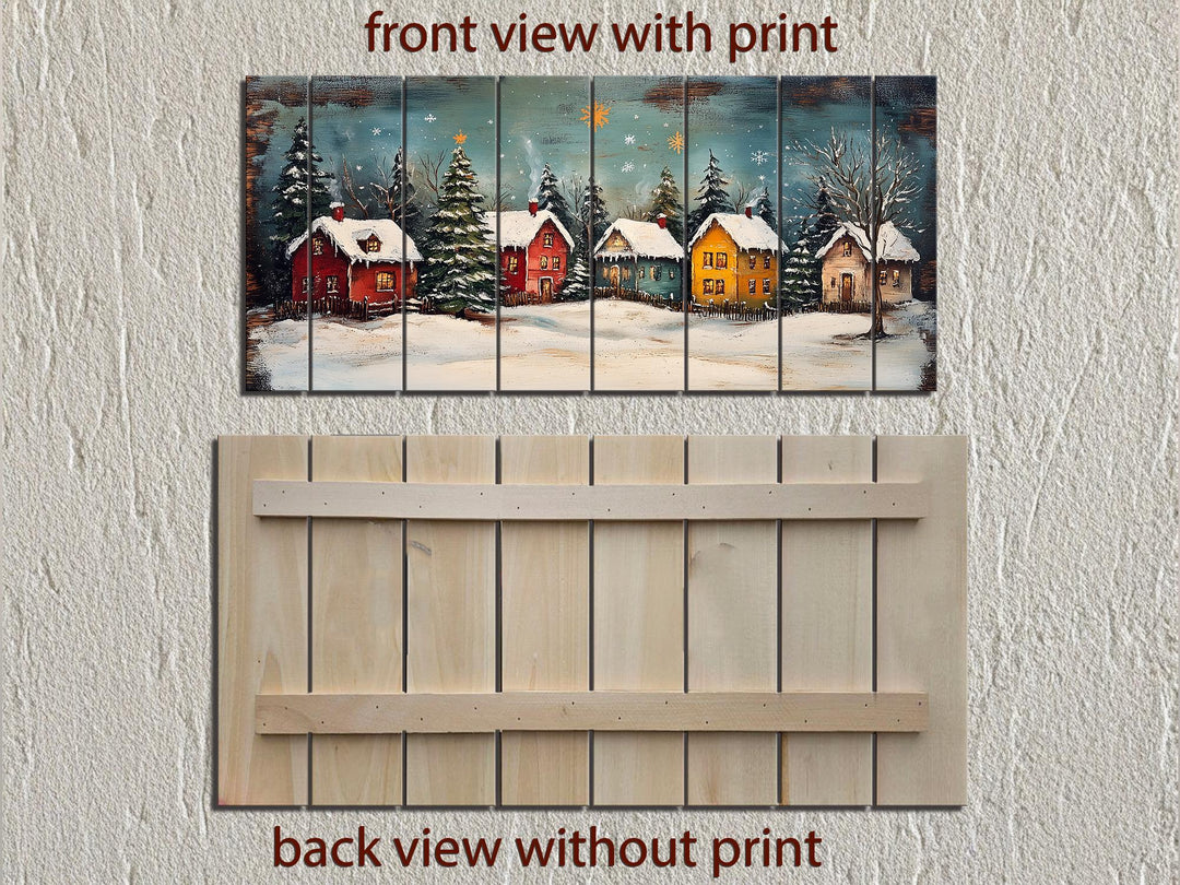 Rustic Christmas Winter Village Distressed Wood Wall Art