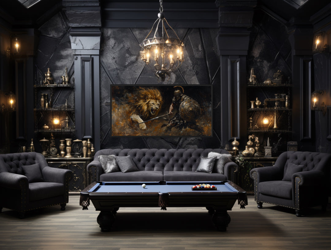 Gladiator Fighting Lion Canvas Wall Art in the billiards room