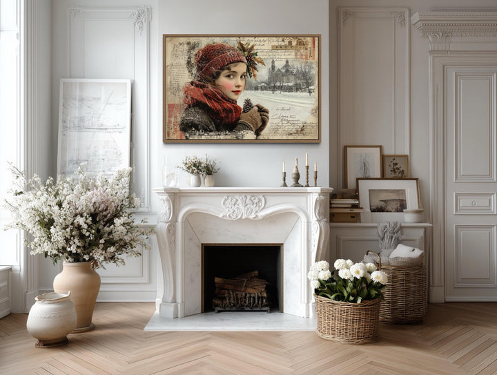 Christmas Girl Vintage Postcard Style Framed Canvas Wall Art