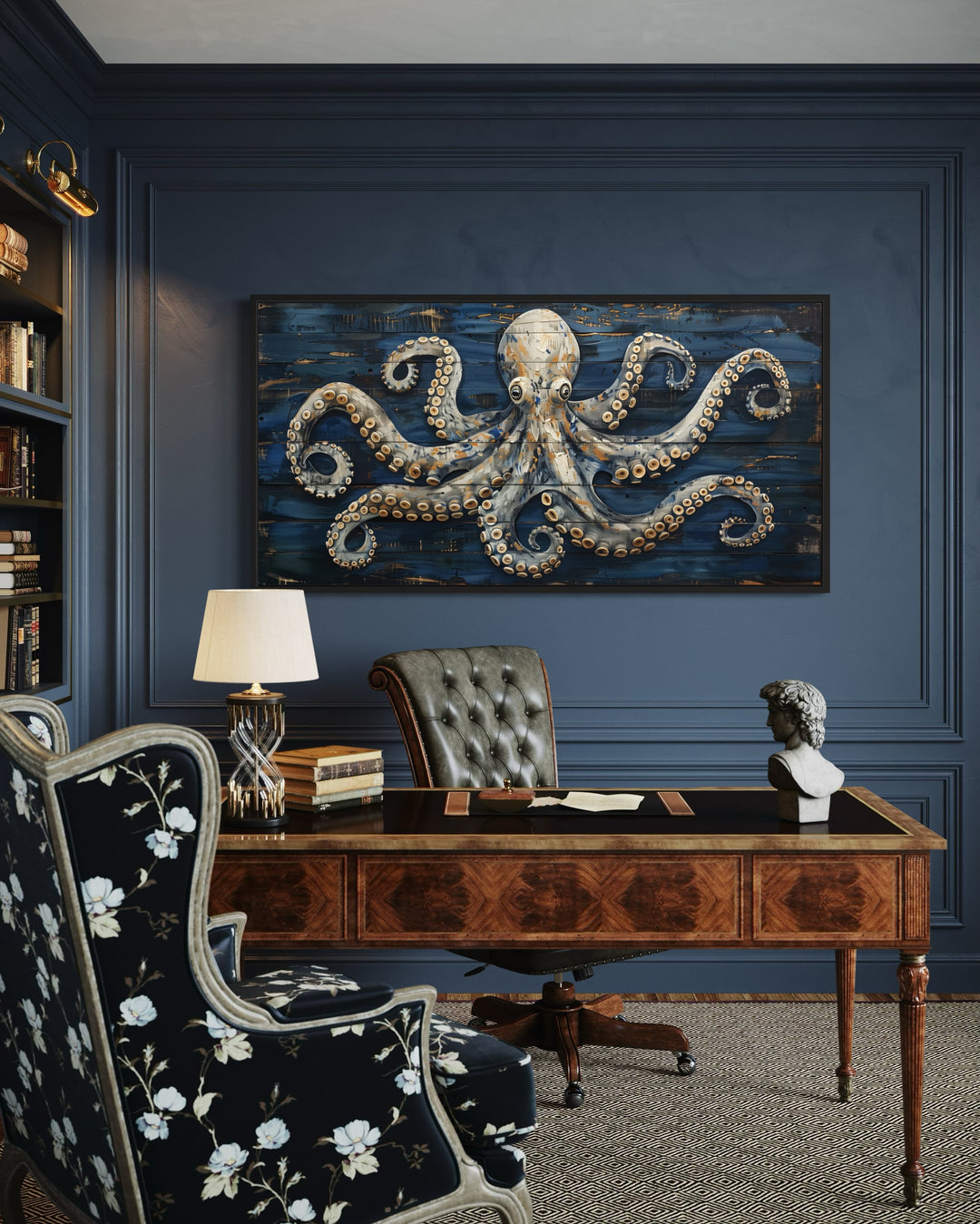 Octopus Painting On Navy Blue Wood Framed Canvas Wall Art in the office above desk