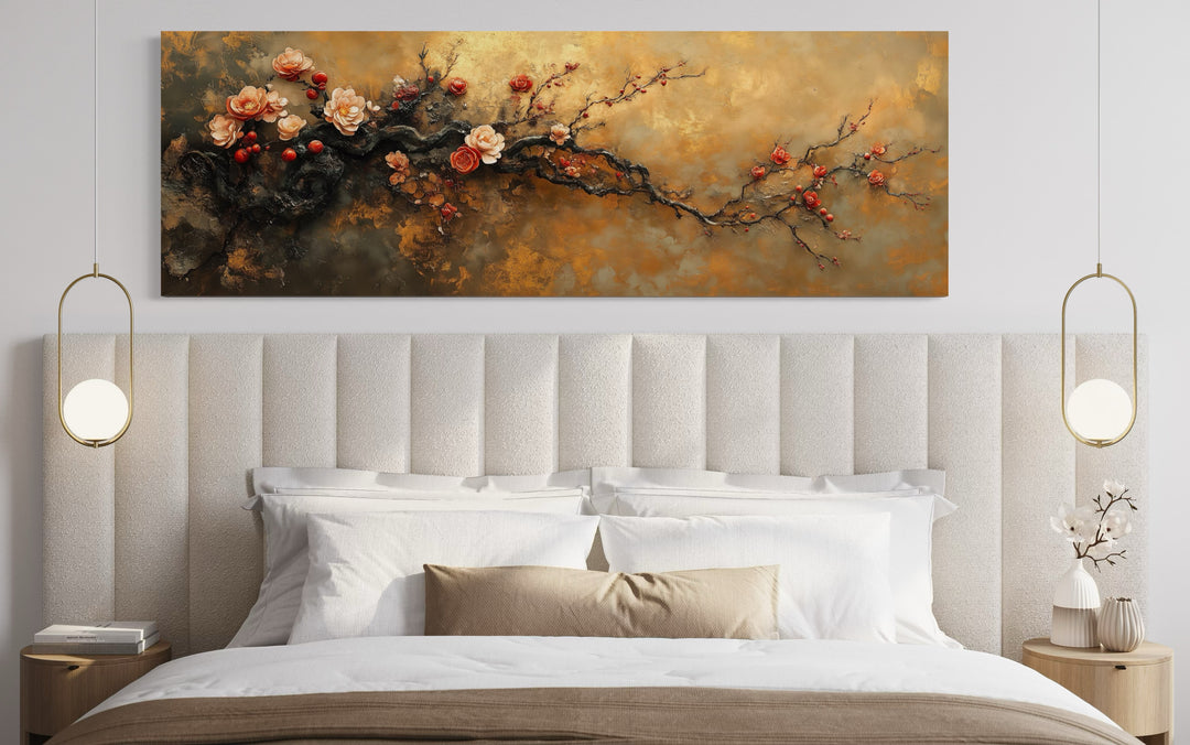 Pink Tree Blossoms On Gold Background Long Horizontal Wall Art above a bed