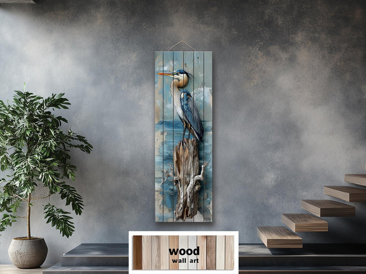 Vertical Blue Heron Wall Art - Distressed Wood Coastal Decor for Lake House