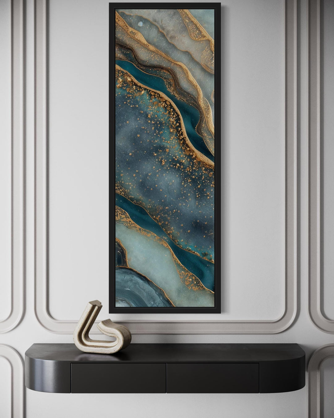 Tall Narrow Vertical Marble Inspired Abstract Teal Blue Gold Canvas Print