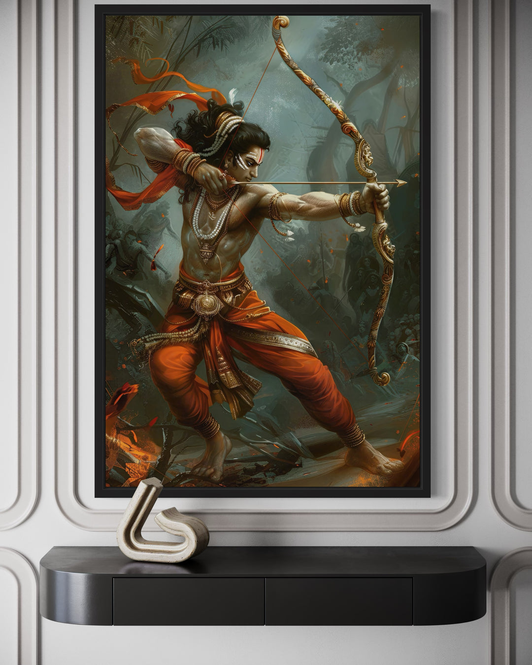 Lord Rama Fighting Demons With Bow And Arrow Framed Canvas Wall Art close up