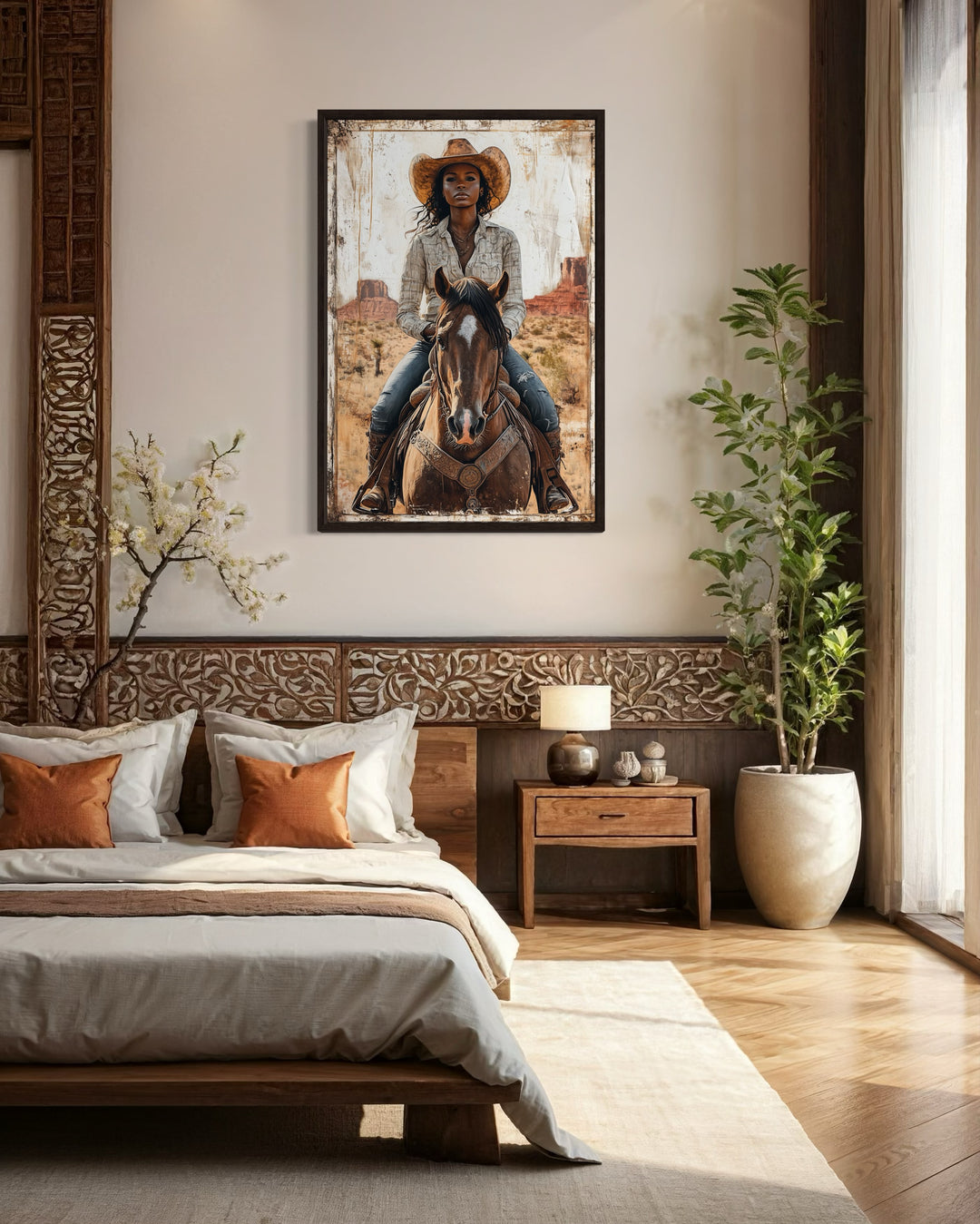 Black Girl Riding A Horse Framed Canvas Wall Art in bedroom