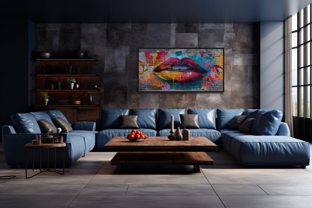 Trippy Lips Graffiti Painting Framed Large Canvas Wall Decor in man cave