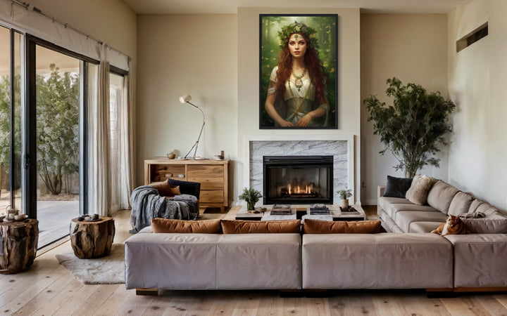 Aine Irish Goddess of Summer, Wealth and Sovereignty Framed Canvas Wall Art in a living room filled with furniture and a fire place