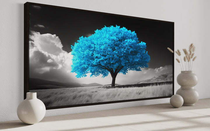 Blue Tree on Black White Background Framed Canvas Wall Art in side view