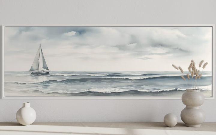 Grey Ocean And Sail Boat Coastal Horizontal Canvas Wall Art close up