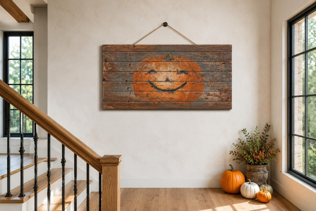 Primitive pumpkin face on distressed wood wall art in a rustic farmhouse entryway with pumpkins.