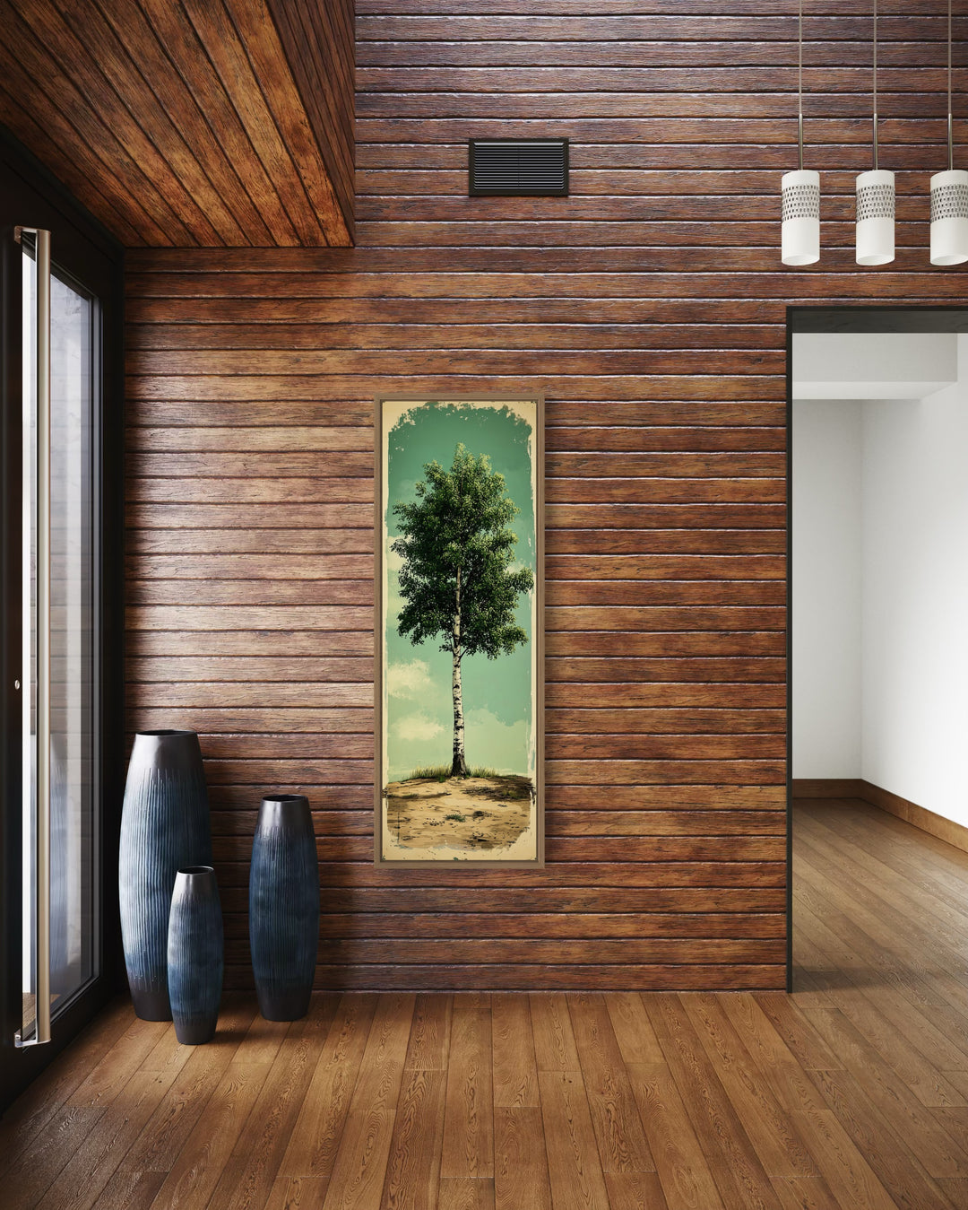 Vertical Long Narrow Rustic Birch Tree Framed Canvas Wall Art