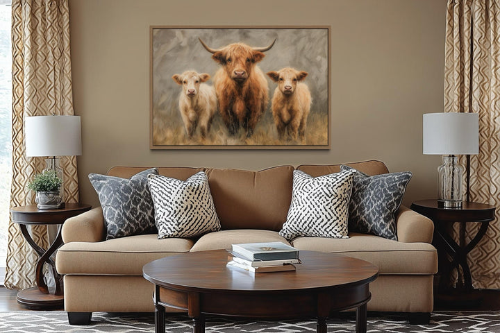 Highland Cow and Two Calves Canvas Wall Art
