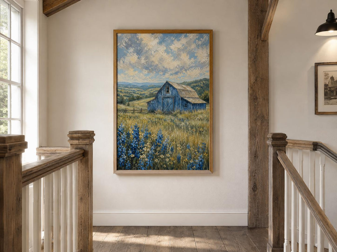 Vertical canvas art of a weathered blue barn in a field of bluebonnets under a cloudy sky.