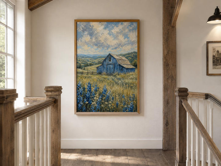 Vertical canvas art of a weathered blue barn in a field of bluebonnets under a cloudy sky.