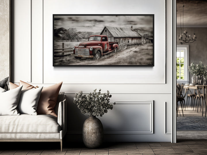 Red Truck And Barn Rustic Farmhouse Wall Decor in a living room with a couch