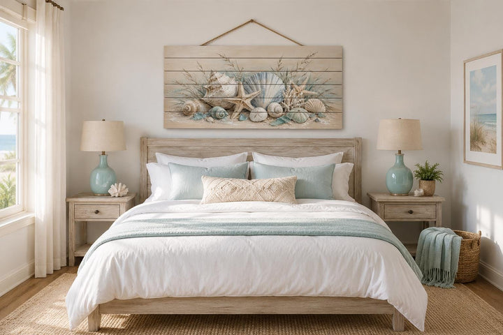 Seashells and starfish watercolor print on horizontal distressed wood planks with a rope hanger.