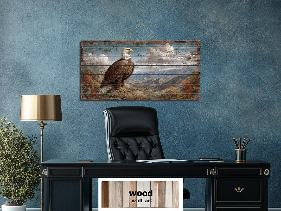 Rustic Bald Eagle Mountain Landscape Distressed Wood Wall Art