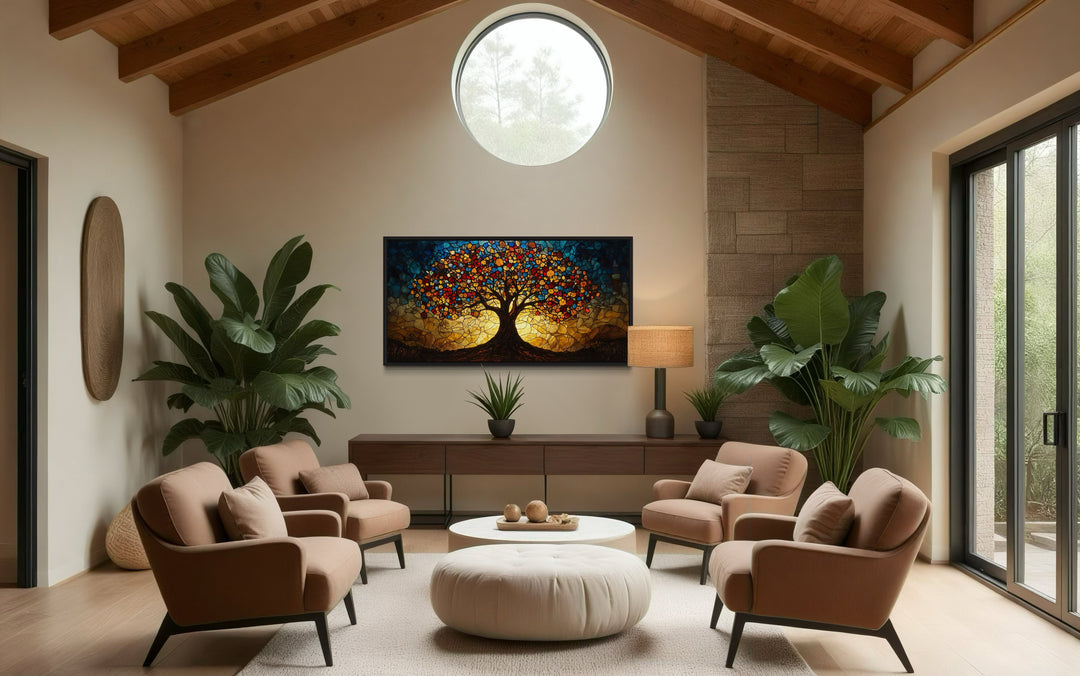 Yggdrasil Framed Canvas Wall Art In Stained Glass Style in living room