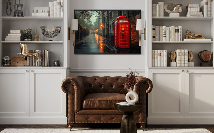 Red Phone Booth In Rainy London Street Framed Canvas Wall Art