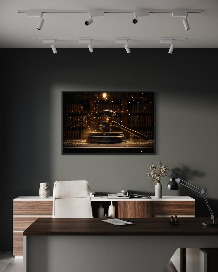 Golden Judge's Gavel Framed Canvas Wall Art above desk