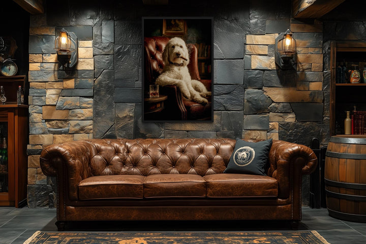 White Goldendoodle Dog Drinking Whiskey and Smoking Cigar Canvas Wall Art