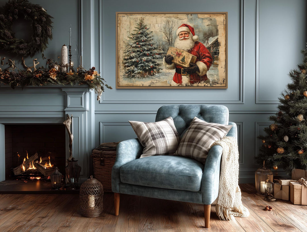 Vintage Santa With Christmas Tree and Gifts Framed Canvas Wall Art