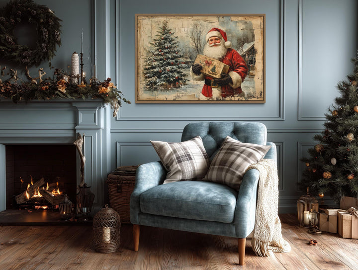 Vintage Santa With Christmas Tree and Gifts Framed Canvas Wall Art