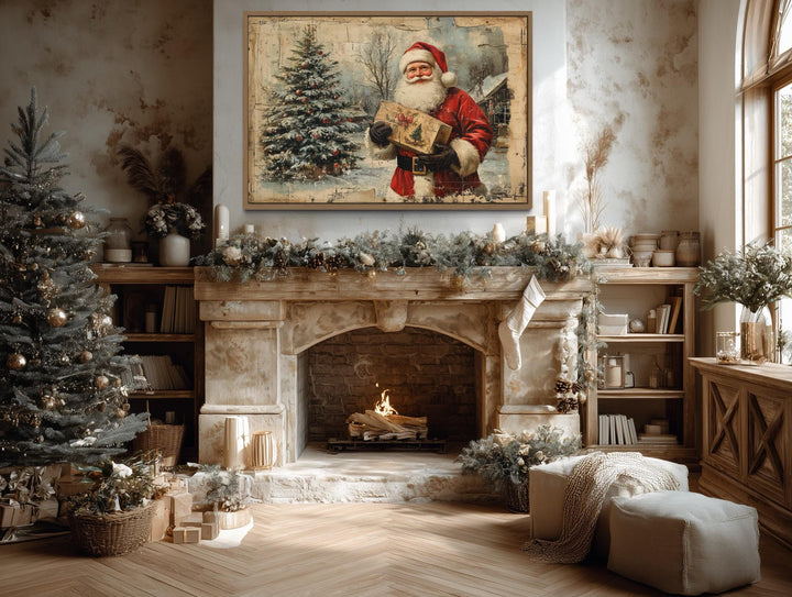 Vintage Santa With Christmas Tree and Gifts Framed Canvas Wall Art