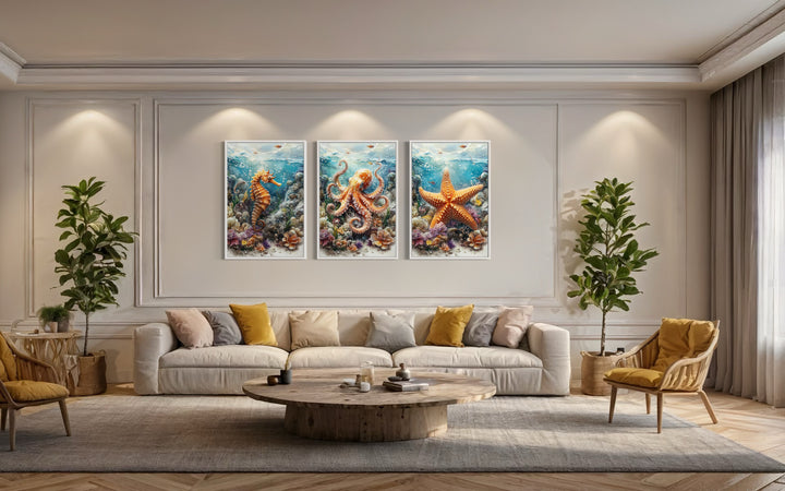 3 Piece Octopus, Seahorse And Starfish Framed Canvas Wall Art in living room