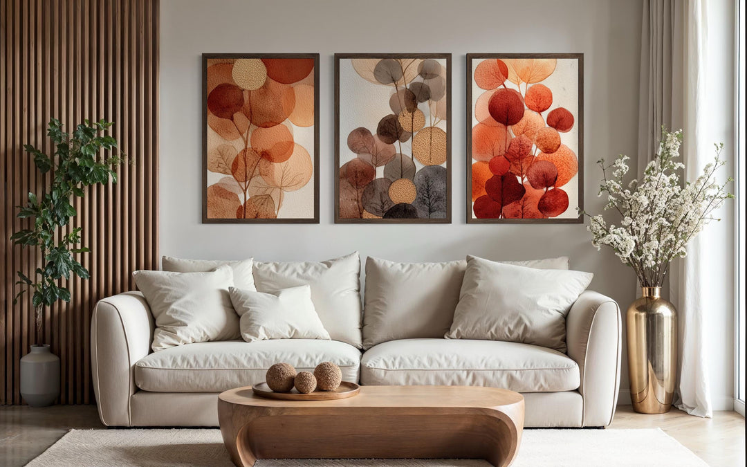 Abstract Botanical Wall Art Set of 3 – Warm Autumn Tones Canvas Prints, Burnt Orange and Beige Leave