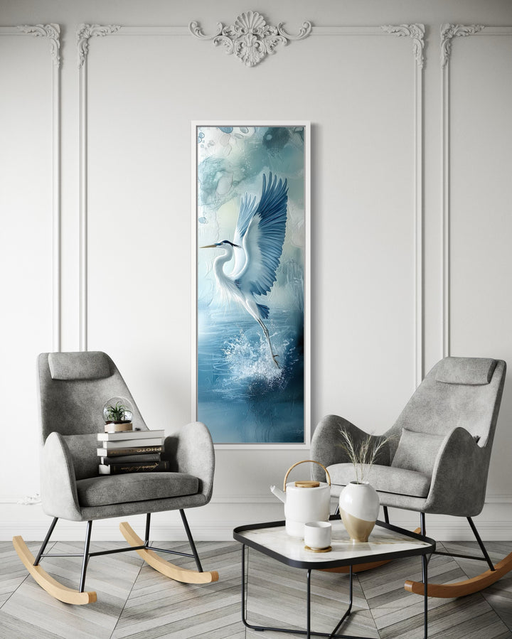 Tall Narrow Blue Heron In Flight Framed Vertical Canvas Wall Decor in living room