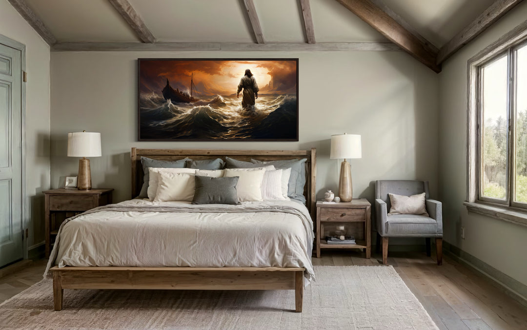 Jesus Walking On Water In Storm Modern Christian Framed Canvas Wall Art above bed