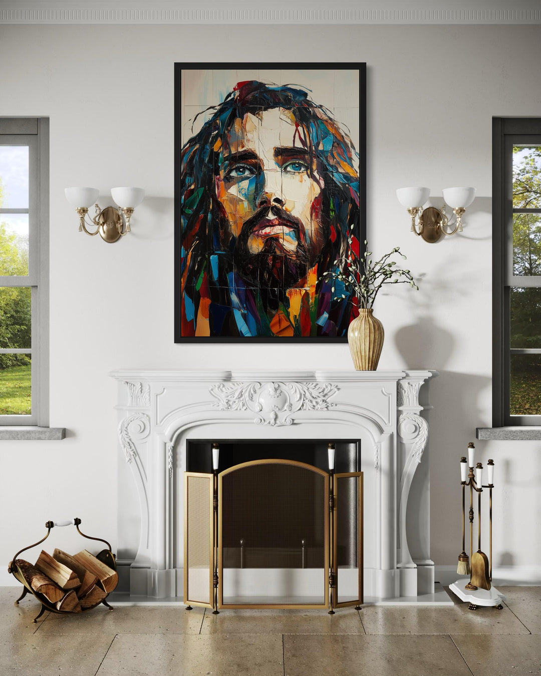 Modern Jesus Canvas Art – Abstract Colorful Christian Wall Decor with Floating Frame