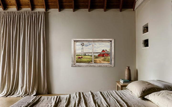 Farm With Red Barn And Cow Open Window Wall Art in rustic farmhouse bedroom