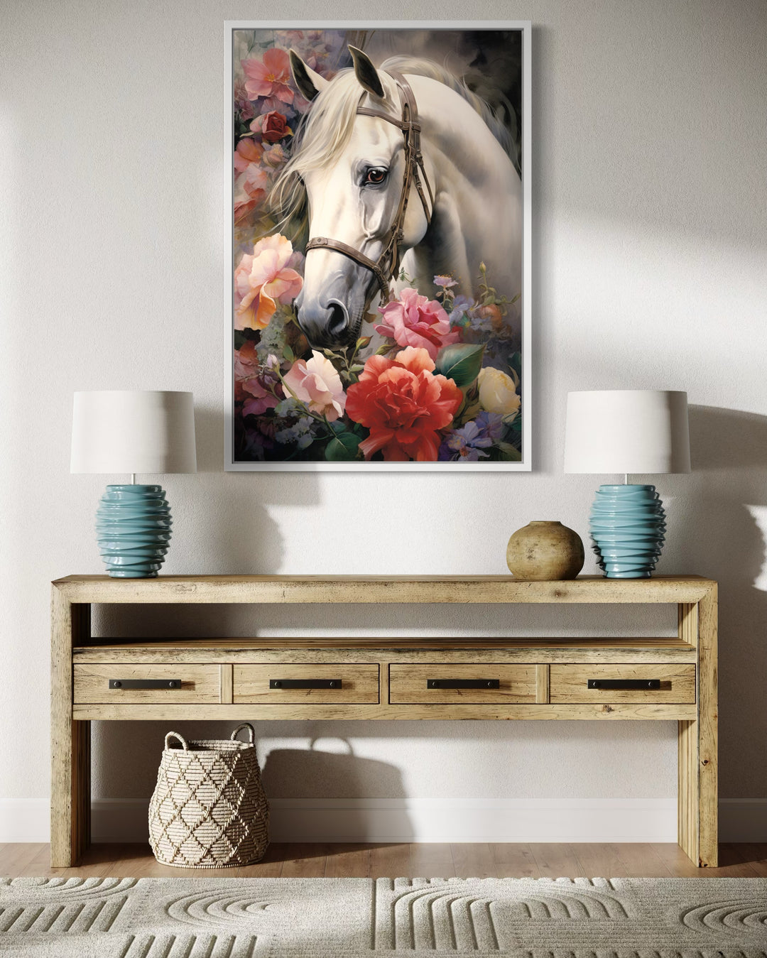 White Horse with Flowers Framed Canvas Wall Art above table