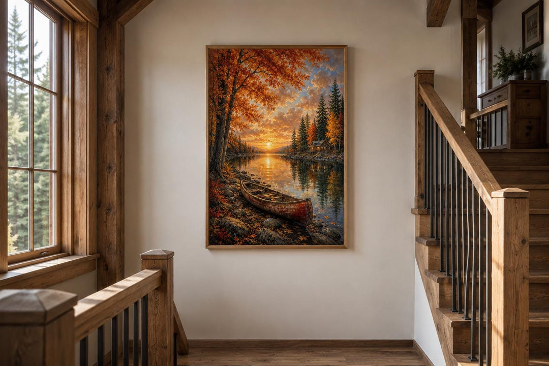 Canoe In Autumn Lake Wall Art - Fall Painting | Vertical Canvas Print, Rustic Cabin Decor