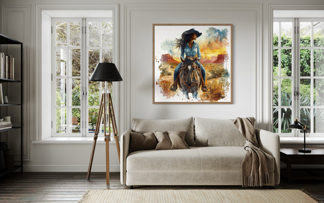 African American Cowgirl Riding A Horse Framed Canvas Wall