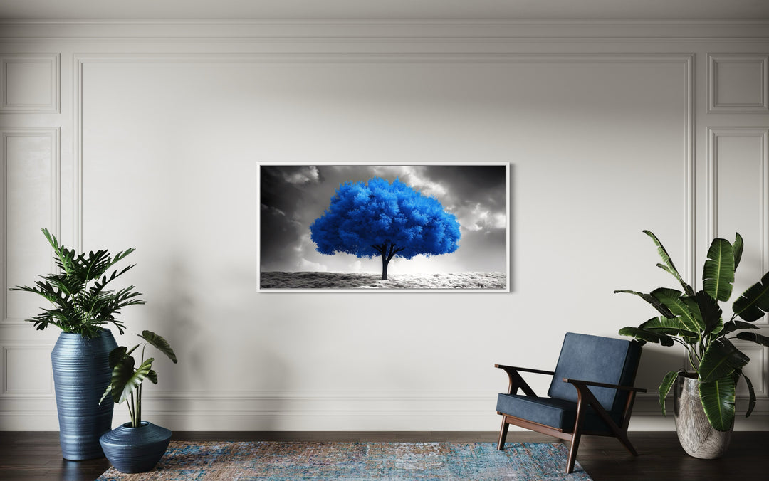 Blue Tree on Black White Background Framed Canvas Wall Art in living room