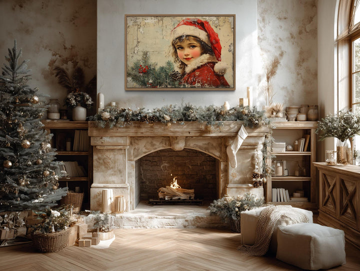 Vintage Christmas Girl in Red Santa Hat Canvas Wall Art