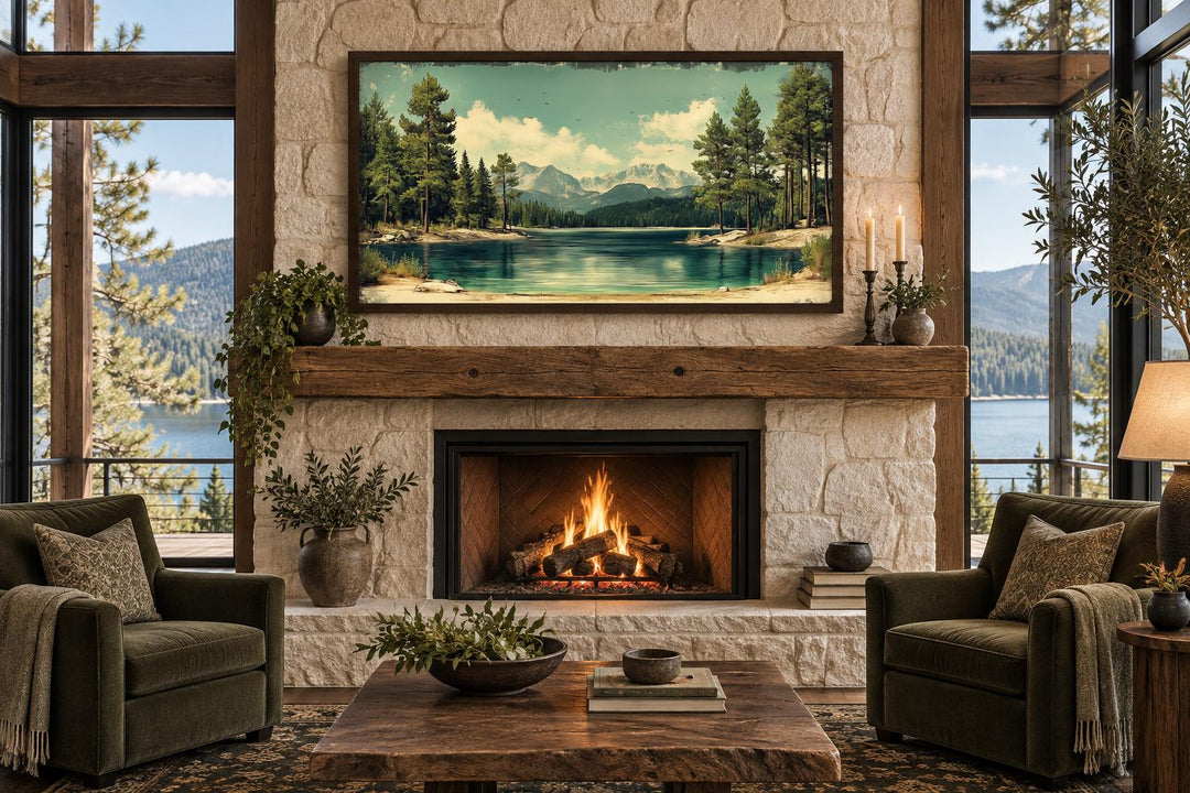 Lake, Mountains And Pine Forest Nature Vintage Style Canvas Wall Art