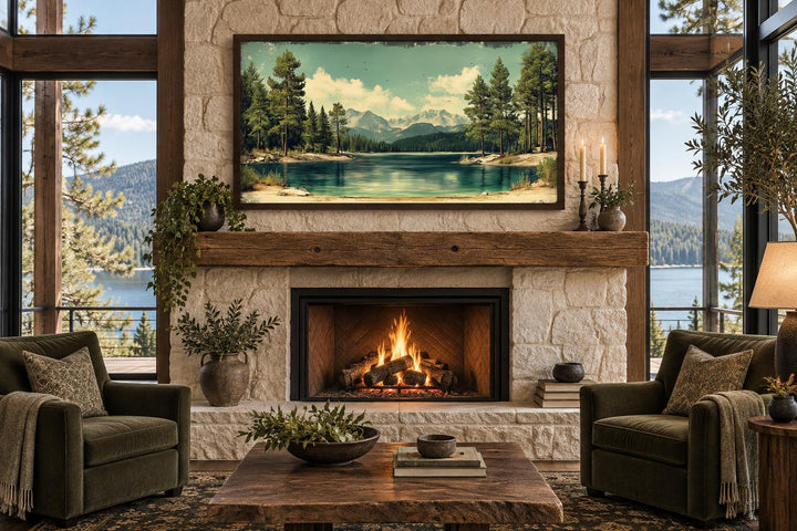 Lake, Mountains And Pine Forest Nature Vintage Style Canvas Wall Art