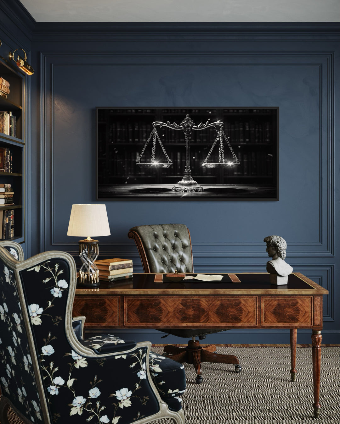 Black White Scales Of Justice Lawyer Framed Canvas Wall Art in a lawyer office