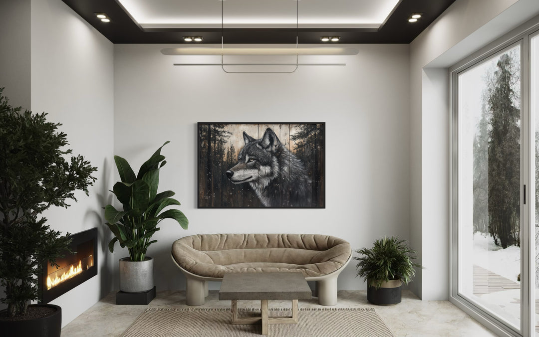 Rustic Wolf Painting On Wood Framed Canvas Wall Art above small couch