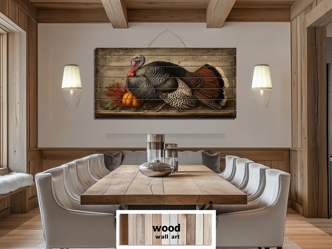 Rustic Thanksgiving Turkey With Pumpkins Distressed Wood Wall Art