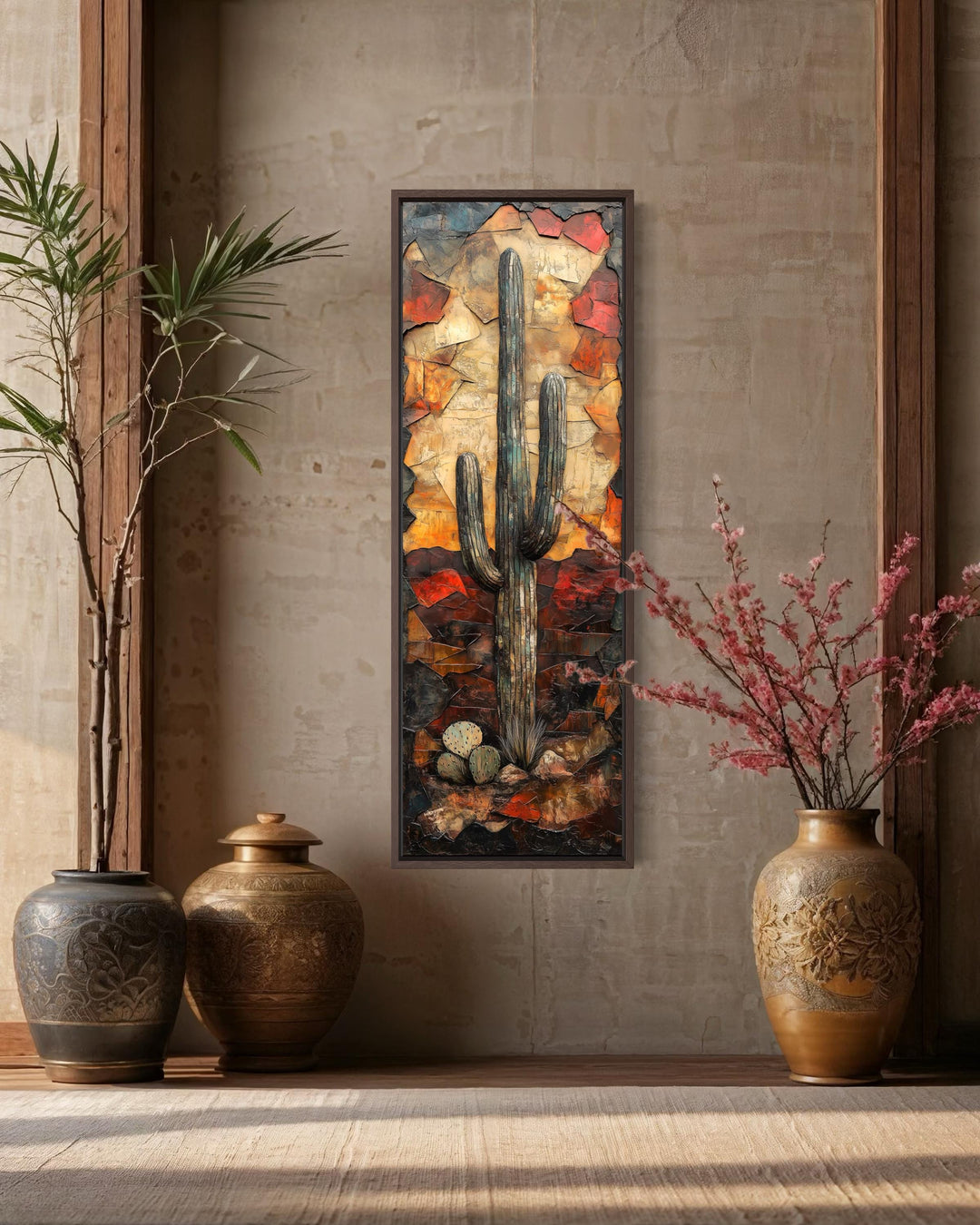 Vertical tall narrow canvas wall art featuring a textured saguaro cactus in a desert landscape.