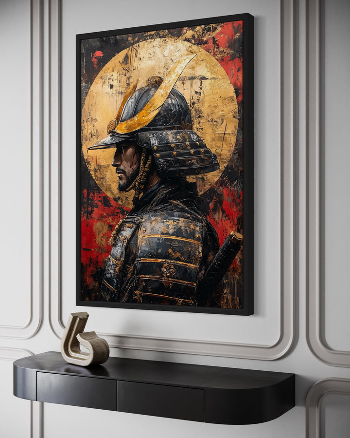 Modern Samurai Portrait With Full Moon Framed Canvas Wall Art side view